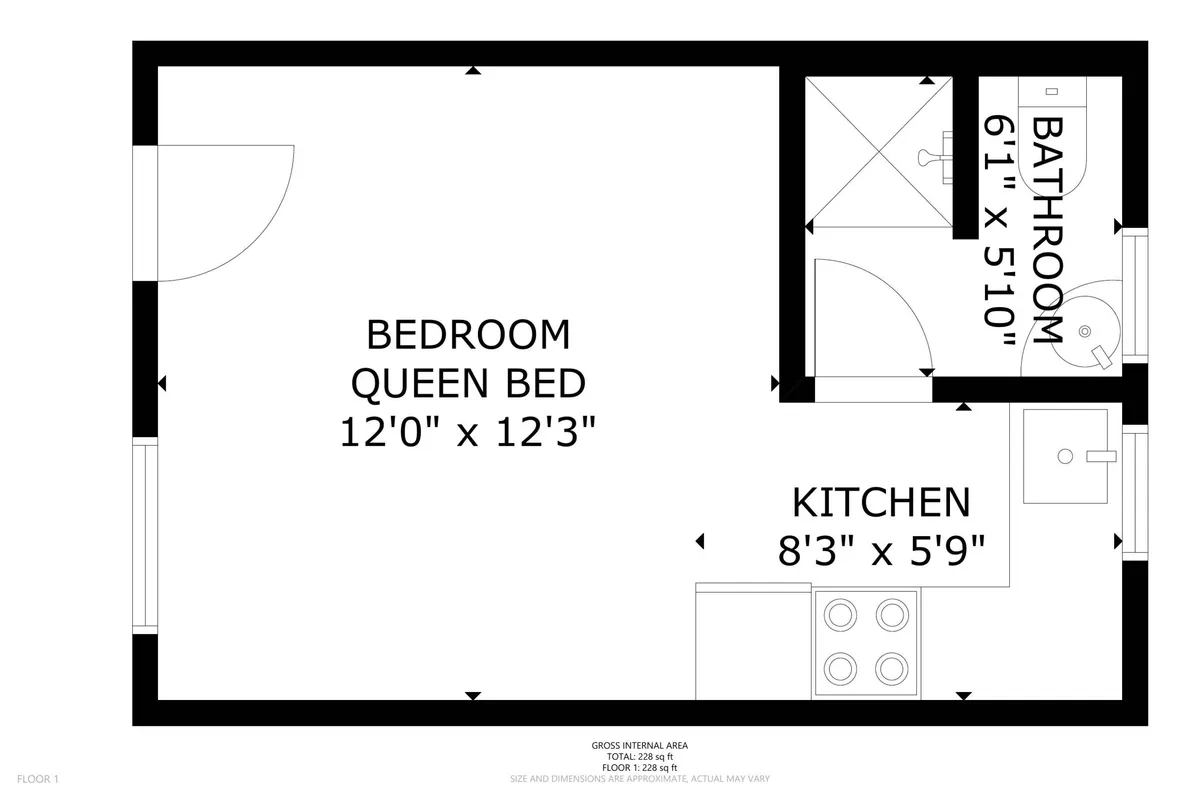 A cozy, well-lit suite showcases an open layout with a bedroom area, compact kitchen, and bathroom in view. The inviting space communicates comfort and convenience, perfect for relaxing after a day spent exploring. The design highlights independence and the ability to quickly settle in or prepare for new adventures.